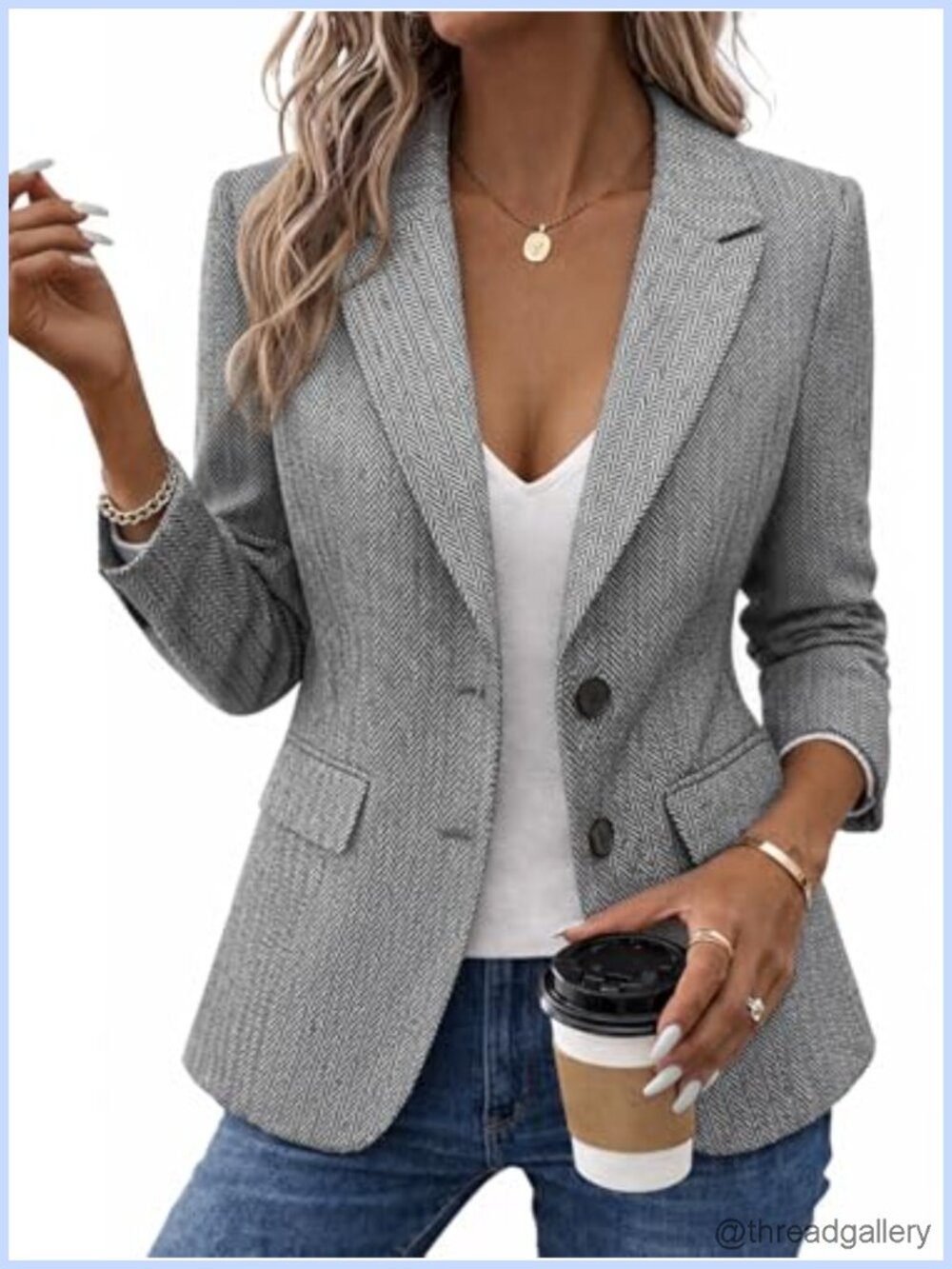 Herringbone Tweed Blazer Jacket Tailored Work Office Coat